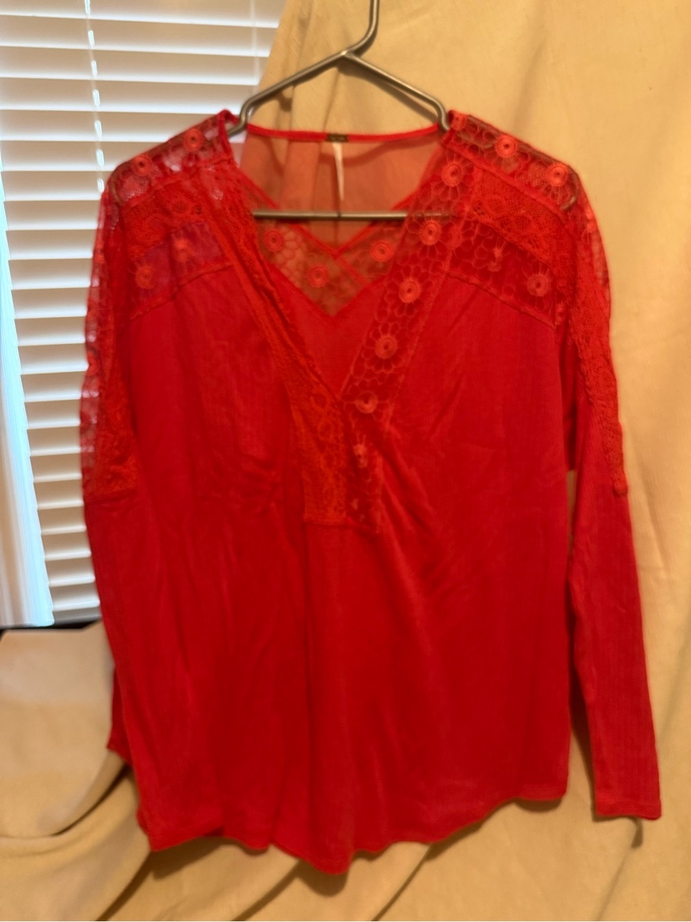 Free People Red Lace-Inset V-Neck Long Sleeve Blouse